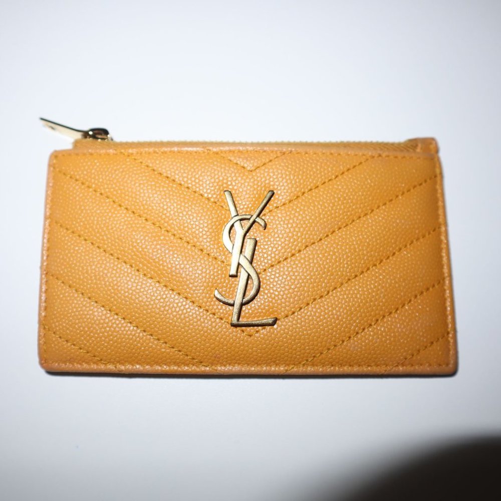Saint Laurent Monogram Fragments Zip Card Holder Matelasse Chevron Leather